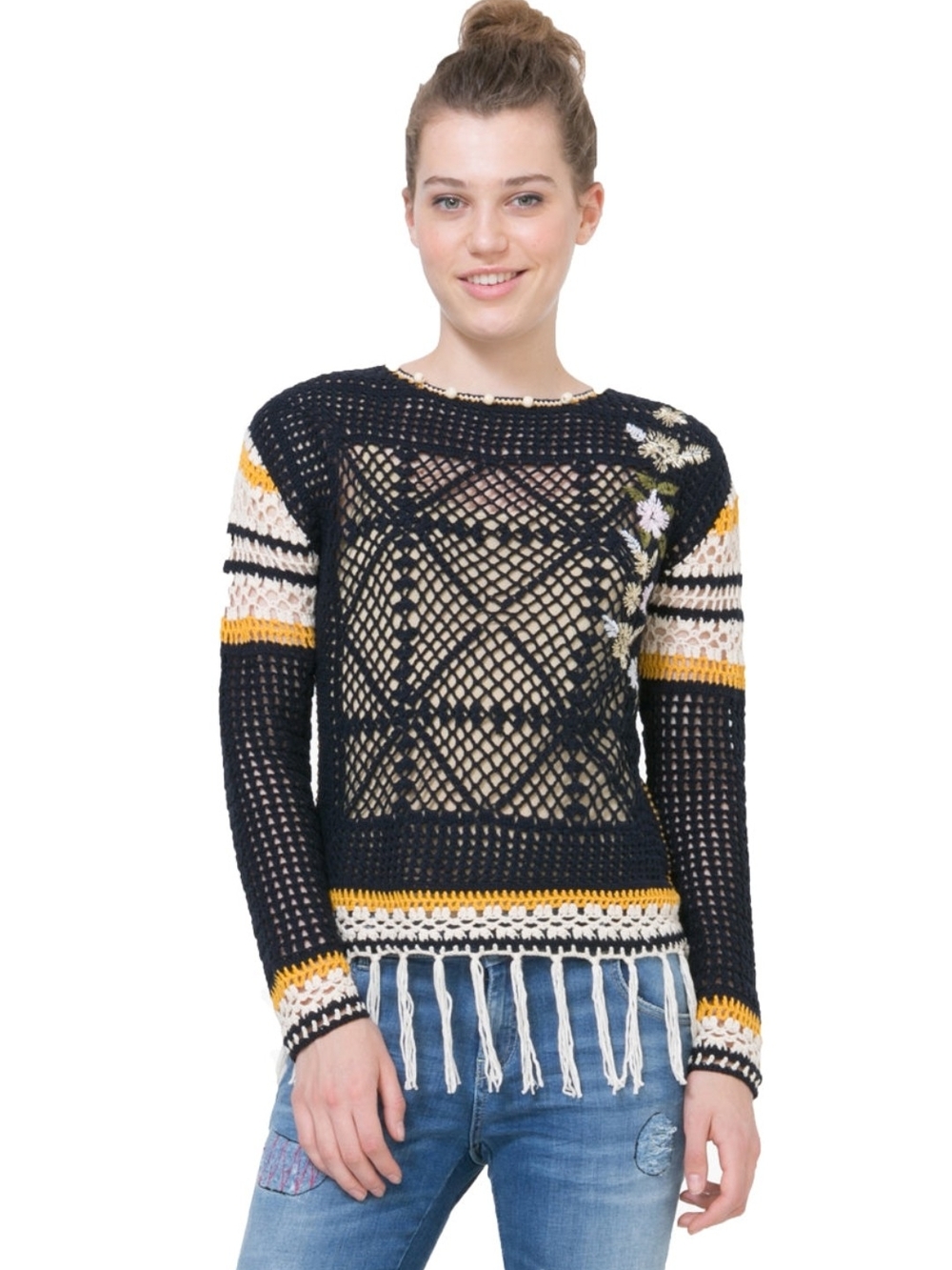 Desigual Black Crochet Fringe Pullover with Yellow & Cream Accents